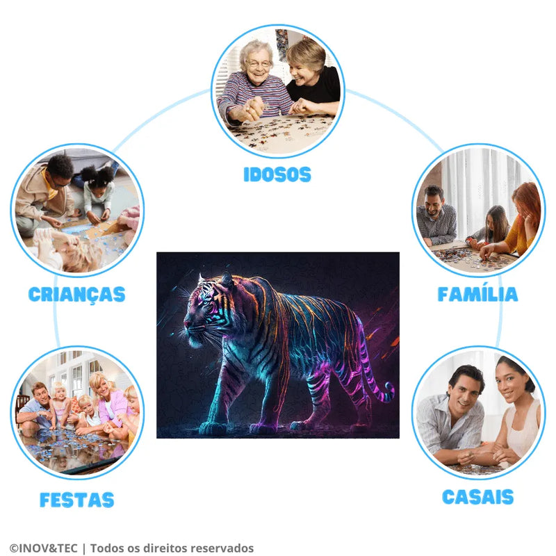 Quebra-Cabeça De Madeira Inova WOOD PUZZLE - Tigre Artístico | Diversão Com Diversos Benefícios Para Crianças e Idosos