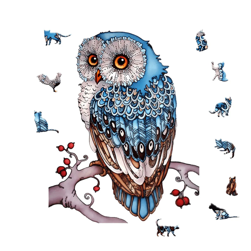 Quebra-Cabeça de Madeira Inova WOOD PUZZLE - Coruja Azul Celeste | Diversão com Diversos Benefícios para Crianças e Idosos