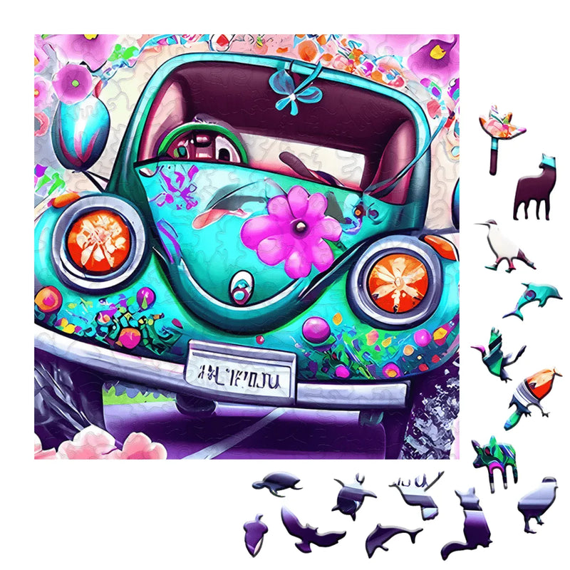 Quebra-Cabeça de Madeira Inova WOOD PUZZLE - Fusca Roots Florido | Diversão com Diversos Benefícios para Crianças e Idosos