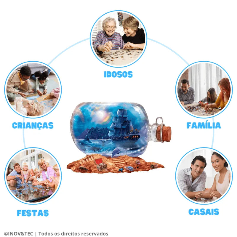 Quebra-Cabeça De Madeira Inova WOOD PUZZLE - Navio Pirata Dentro Da Garrafa | Diversão Com Diversos Benefícios Para Crianças e Idosos