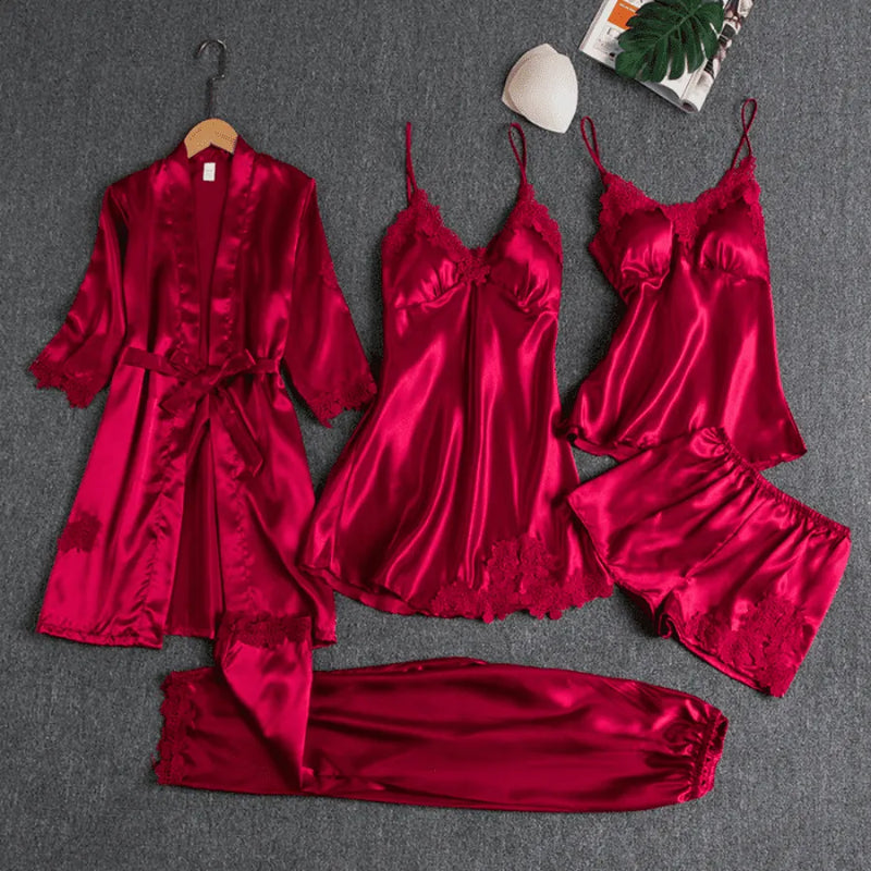 Conjunto 5 Peças Pijama Feminino Monroe Com Camisola, Baby Doll, Shorts, Calça e Roupão Em Seda Gelo Premium | Toque De Seda Confortável