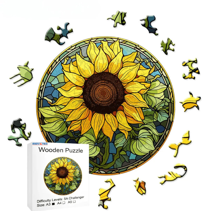 Quebra-Cabeça de Madeira Inova WOOD PUZZLE - Girassol | Diversão com Diversos Benefícios para Crianças e Idosos