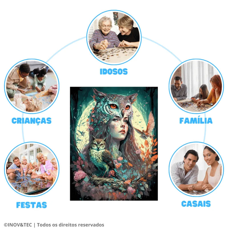 Quebra-Cabeça De Madeira Inova WOOD PUZZLE - Mãe Natureza Com Corujas | Diversão Com Diversos Benefícios Para Crianças e Idosos
