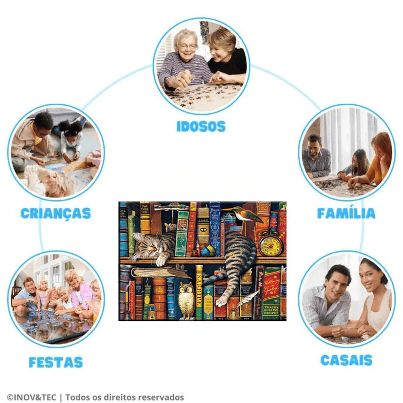 Quebra-Cabeça de Madeira Inova WOOD PUZZLE - Gato e Livros  | Diversão com Diversos Benefícios