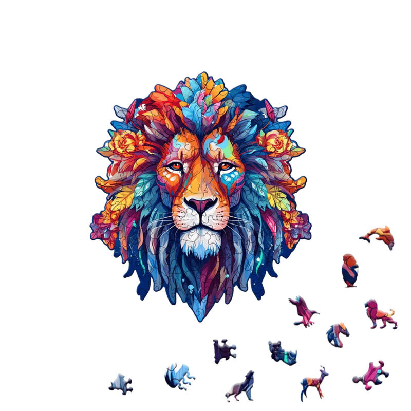 Quebra-Cabeça de Madeira Inova WOOD PUZZLE - Leão Aquarela | Diversão com Diversos Benefícios para Crianças e Idosos