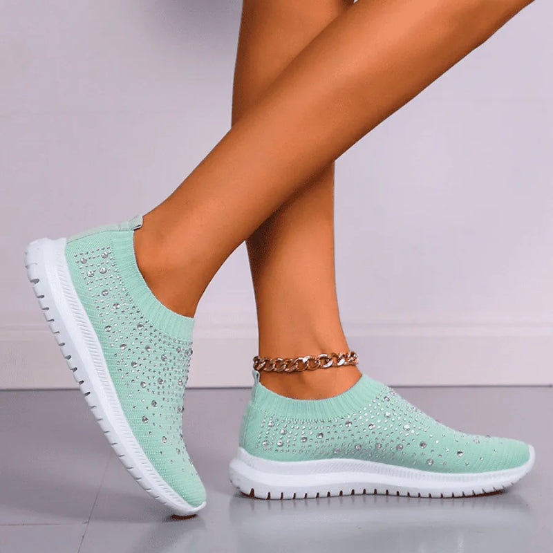 Tênis Meia Slip on Shining Crystal  - Feito Em Fibra Mesh Super Macia Com Strass para Um Design Único e Estiloso