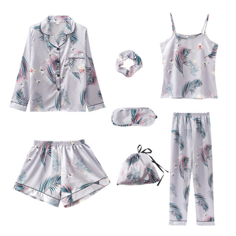 Conjunto 4 Peças Pijama Feminino Serenity Divine - Camisa Manga Longa, Calça, Camisa Regata, Shorts Em Seda Gelo Cetim | Toque De Seda Confortável + Bolsinha, Laço e Máscara de dormir de Brinde