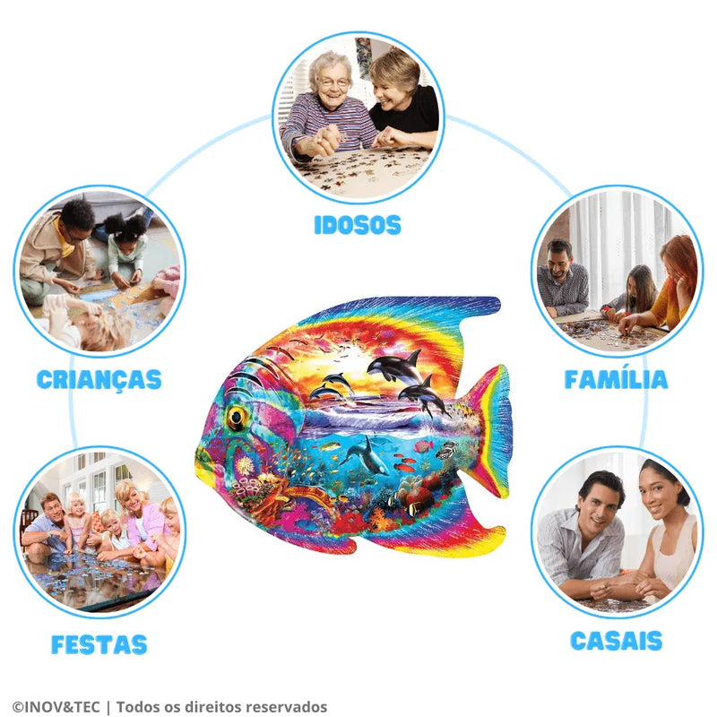 Quebra-Cabeça De Madeira Inova WOOD PUZZLE - Peixe Transparente Com Orcas | Diversão Com Diversos Benefícios Para Crianças e Idosos