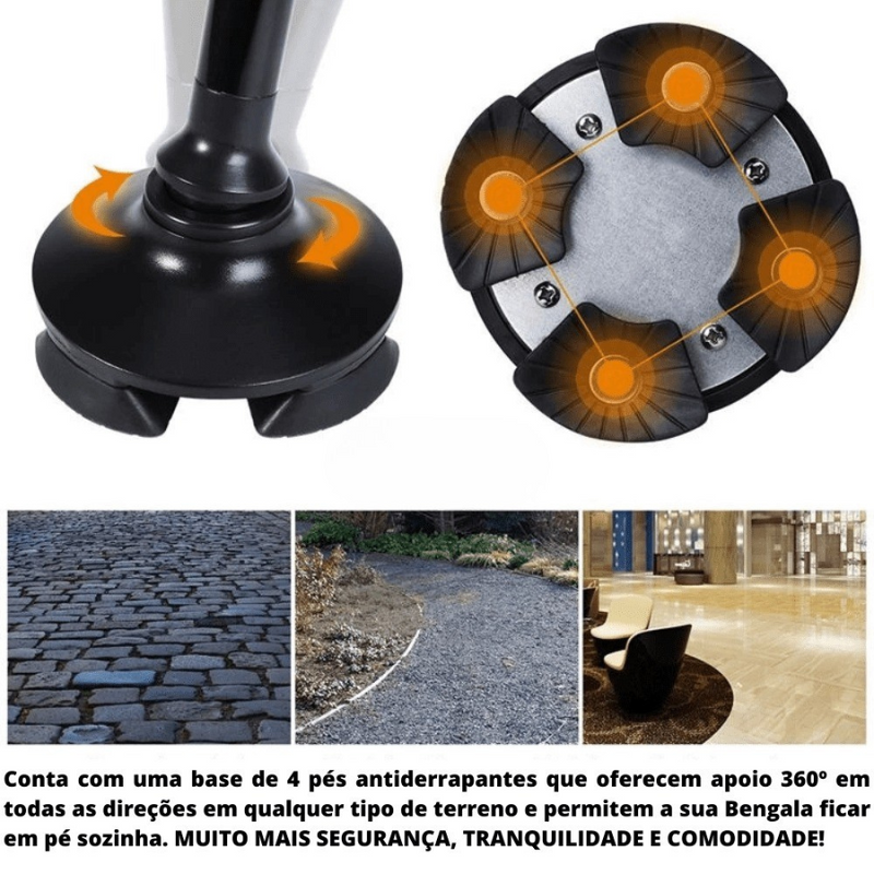 Bengala Dobrável com 4 Pés e Luz de LED Multifuncional com Botão de Emergência INOV SAFECARE