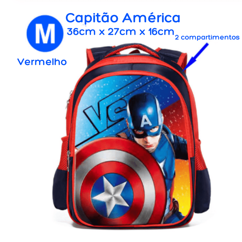 Mochila Escolar Infantil com 3 Compartimentos à Prova D'água Vingadores Heróis