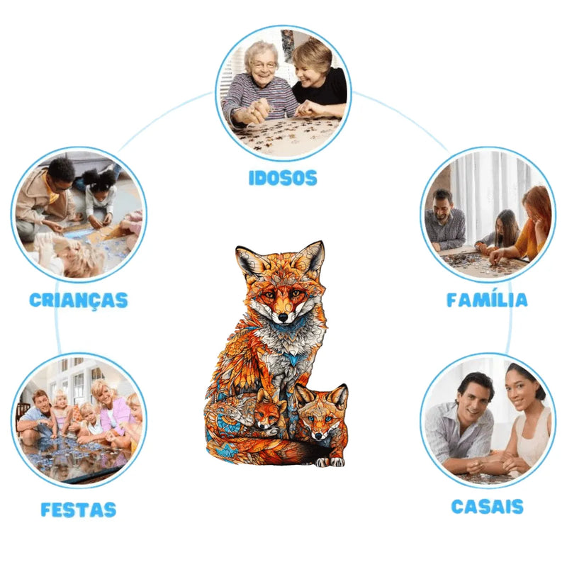 Quebra-Cabeça de Madeira Inova WOOD PUZZLE - Raposa e Filhotes | Diversão com Diversos Benefícios para Crianças e Idosos