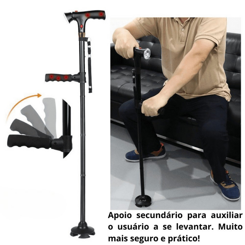 Bengala Dobrável com 4 Pés e Luz de LED Multifuncional com Botão de Emergência INOV SAFECARE
