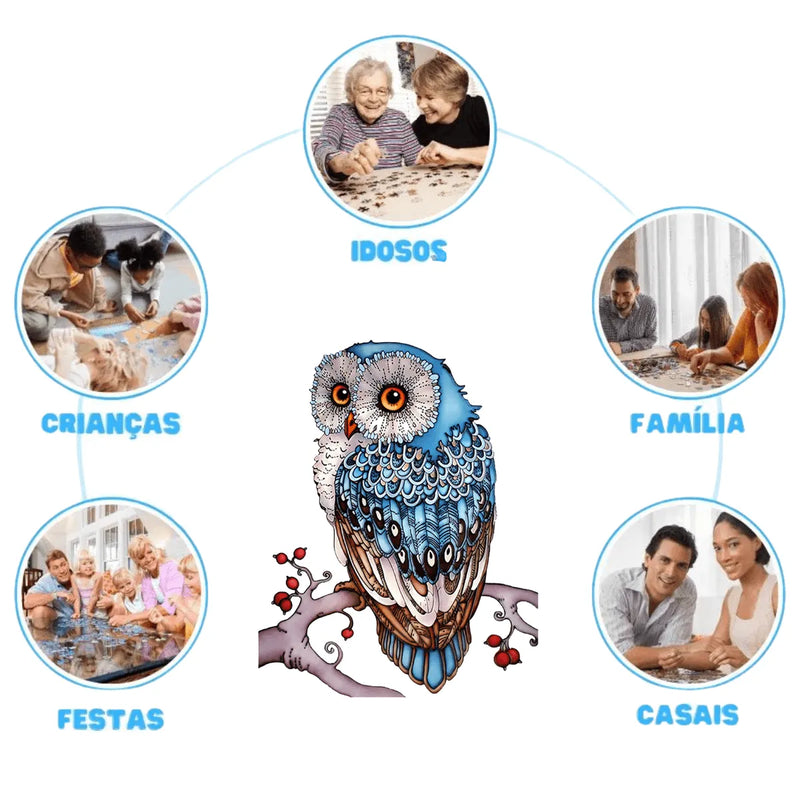 Quebra-Cabeça de Madeira Inova WOOD PUZZLE - Coruja Azul Celeste | Diversão com Diversos Benefícios para Crianças e Idosos