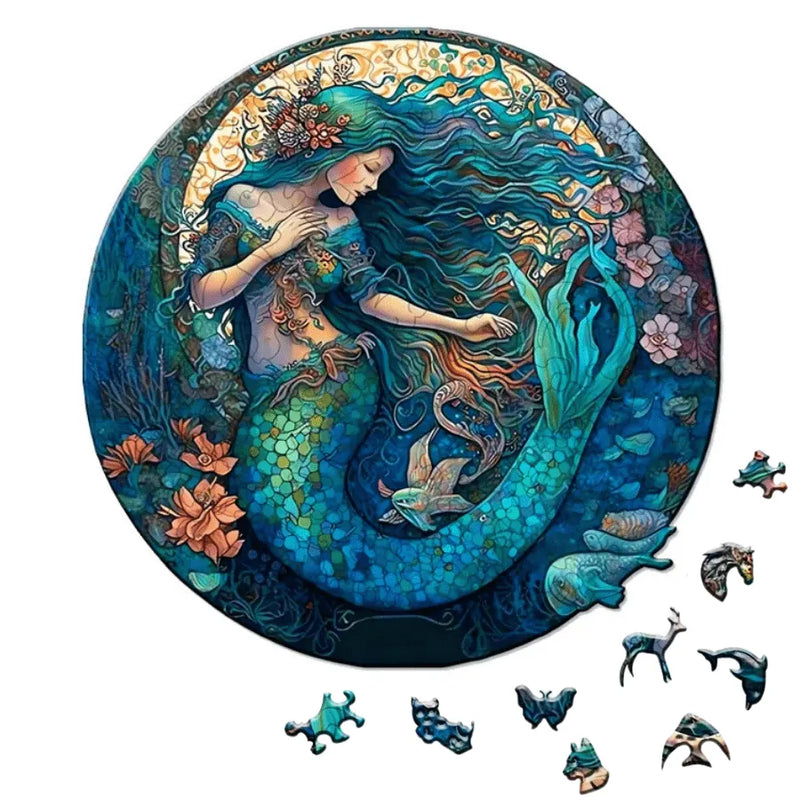 Quebra-Cabeça De Madeira Inova WOOD PUZZLE - Sereia Com Flores | Diversão Com Diversos Benefícios Para Crianças e Idosos