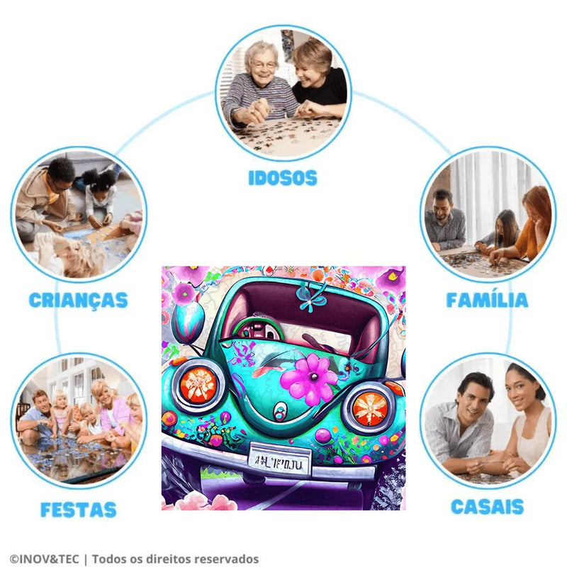Quebra-Cabeça de Madeira Inova WOOD PUZZLE - Fusca Roots Florido | Diversão com Diversos Benefícios para Crianças e Idosos