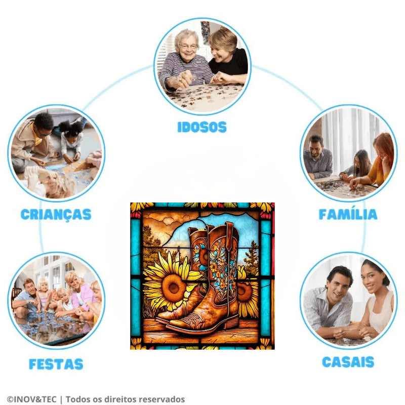Quebra-Cabeça de Madeira Inova WOOD PUZZLE - Botina e Girassóis | Diversão com Diversos Benefícios para Crianças e Idosos