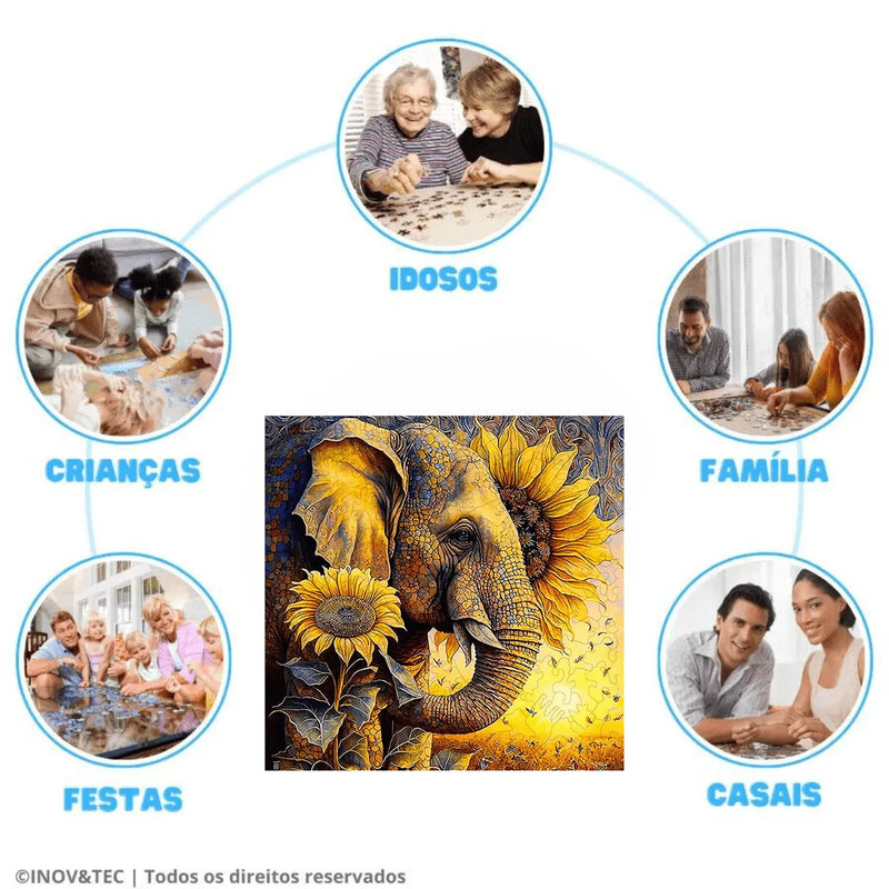 Quebra-Cabeça de Madeira Inova WOOD PUZZLE - Elefante e Girassóis | Diversão com Diversos Benefícios