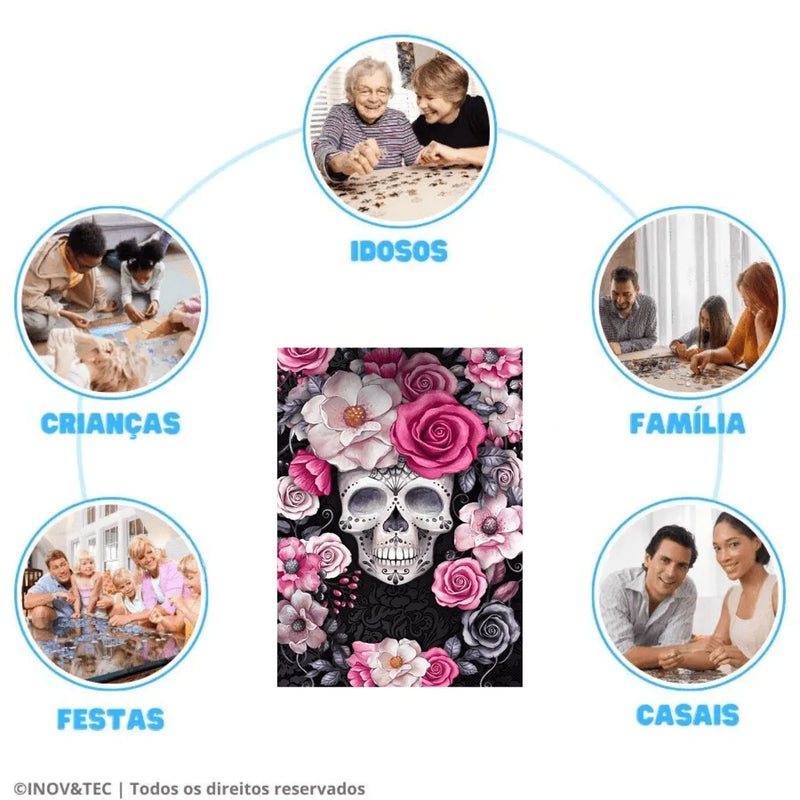 Quebra-Cabeça de Madeira Inova WOOD PUZZLE - Caveira Floral Rosa | Diversão com Diversos Benefícios para Crianças e Idosos