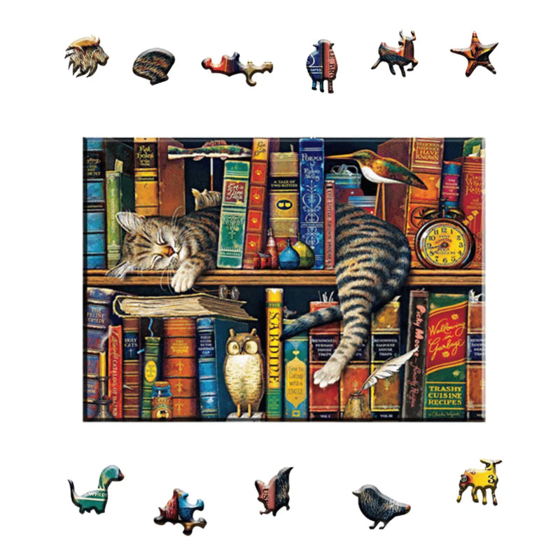Quebra-Cabeça de Madeira Inova WOOD PUZZLE - Gato e Livros  | Diversão com Diversos Benefícios