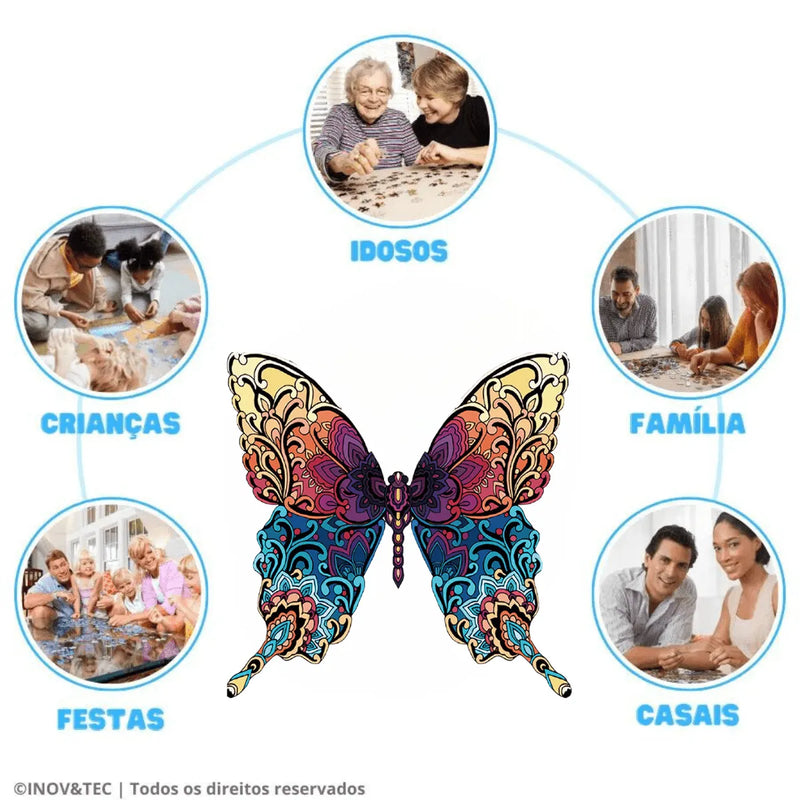 Quebra-Cabeça de Madeira Inova WOOD PUZZLE - Borboleta Vibrante  | Diversão com Diversos Benefícios para Crianças e Idosos