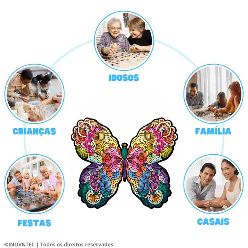 Quebra-Cabeça de Madeira Inova WOOD PUZZLE - Borboleta Mandala | Diversão com Diversos Benefícios para Crianças e Idosos