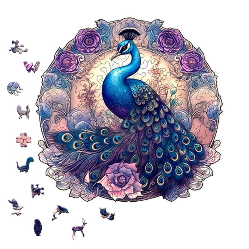 Quebra-Cabeça De Madeira Inova WOOD PUZZLE - Pavão Azul Florido | Diversão Com Diversos Benefícios Para Crianças e Idosos