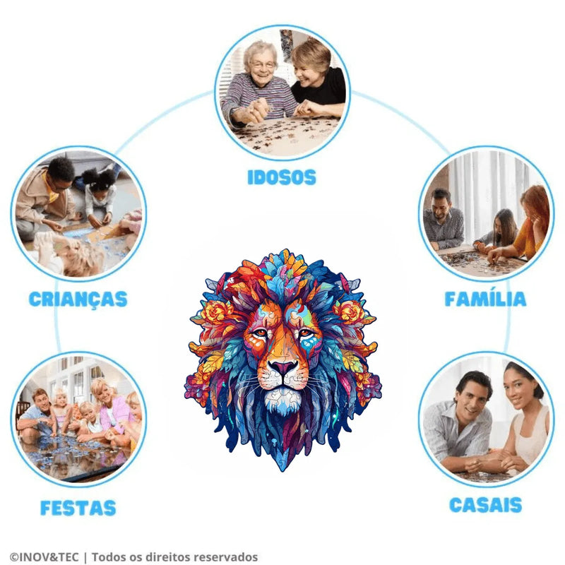 Quebra-Cabeça de Madeira Inova WOOD PUZZLE - Leão Aquarela | Diversão com Diversos Benefícios para Crianças e Idosos