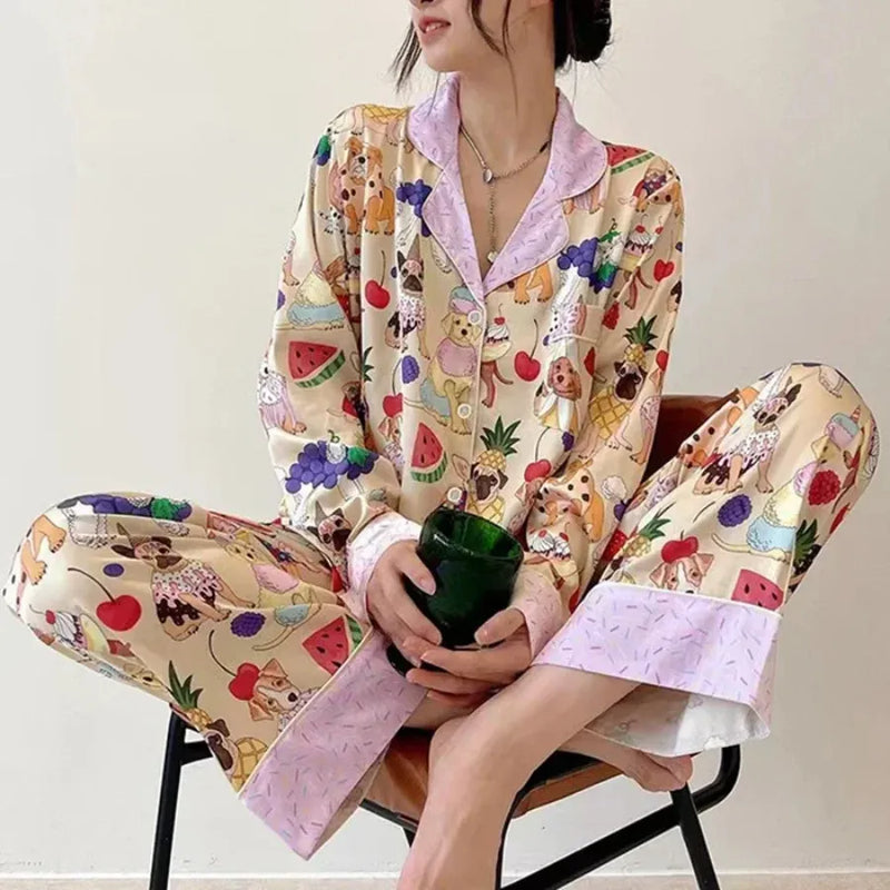 Pijama Feminino Primavera - Conjunto Calça e Camisa Longa Em Seda Gelo Premium | Toque De Seda Super Confortável