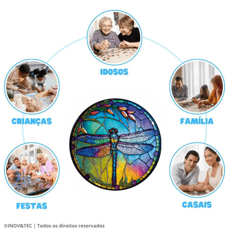 Quebra-Cabeça de Madeira Inova WOOD PUZZLE - Libélula em Vitral | Diversão com Diversos Benefícios para Crianças e Idosos