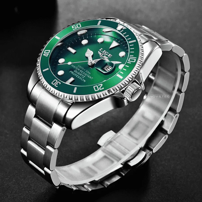Relógio Masculino LIGE "Quartz Date" - Aço Inoxidável, Movimento de Quartzo, Data, Catraca Funcional, Vidro de Cristal e À Prova D'água 30 Metros