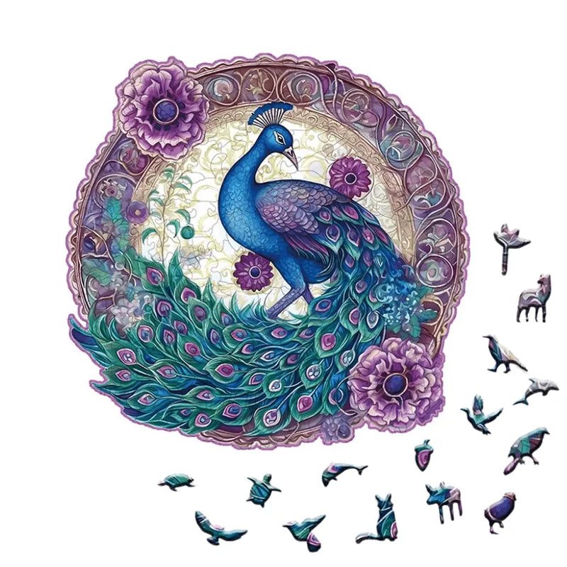 Quebra-Cabeça De Madeira Inova WOOD PUZZLE - Pavão com Rosas | Diversão Com Diversos Benefícios