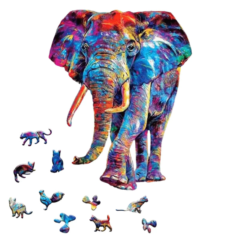 Quebra-Cabeça de Madeira Inova WOOD PUZZLE - Elefante Aquarela | Diversão com Diversos Benefícios para Crianças e Idosos