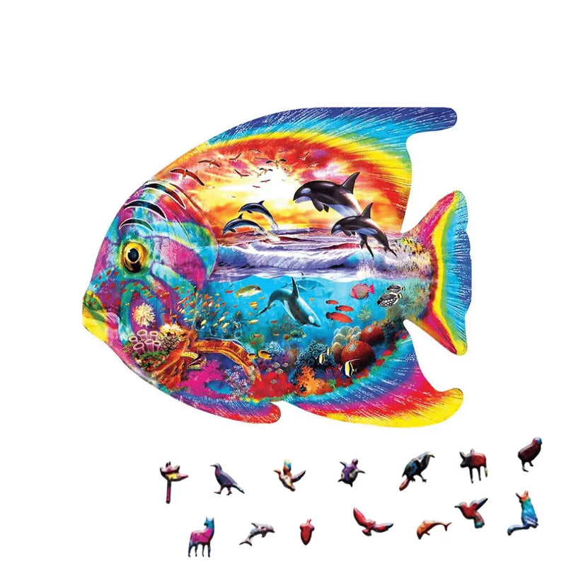 Quebra-Cabeça De Madeira Inova WOOD PUZZLE - Peixe Transparente Com Orcas | Diversão Com Diversos Benefícios Para Crianças e Idosos