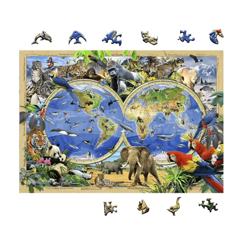 Quebra-Cabeça De Madeira Inova WOOD PUZZLE - Globo Selvagem | Diversão Com Diversos Benefícios Para Crianças e Idosos