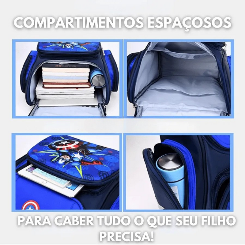 Mochila Escolar Infantil Premium com Almodas Respiráveis Super heróis Capitão América e Homem Aranha