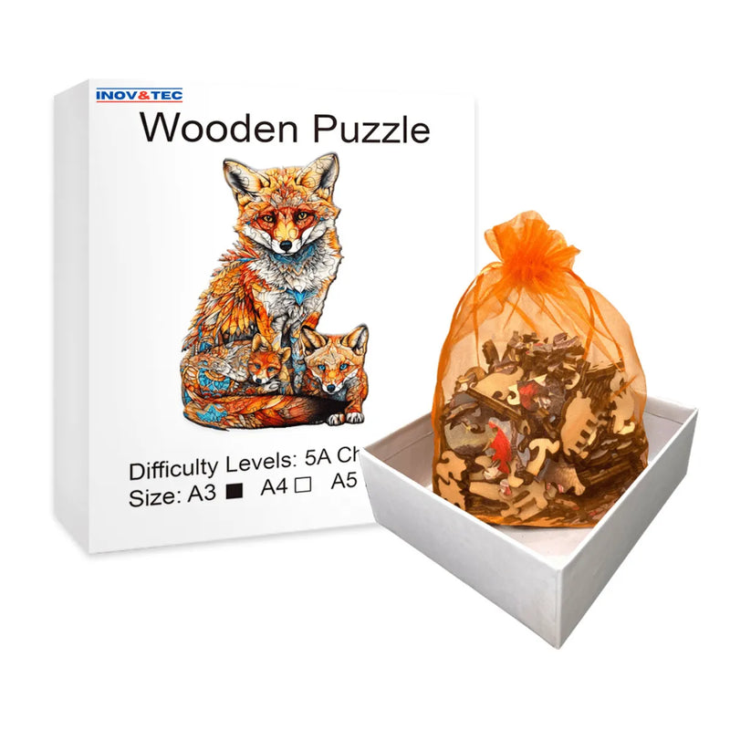 Quebra-Cabeça de Madeira Inova WOOD PUZZLE - Raposa e Filhotes | Diversão com Diversos Benefícios para Crianças e Idosos