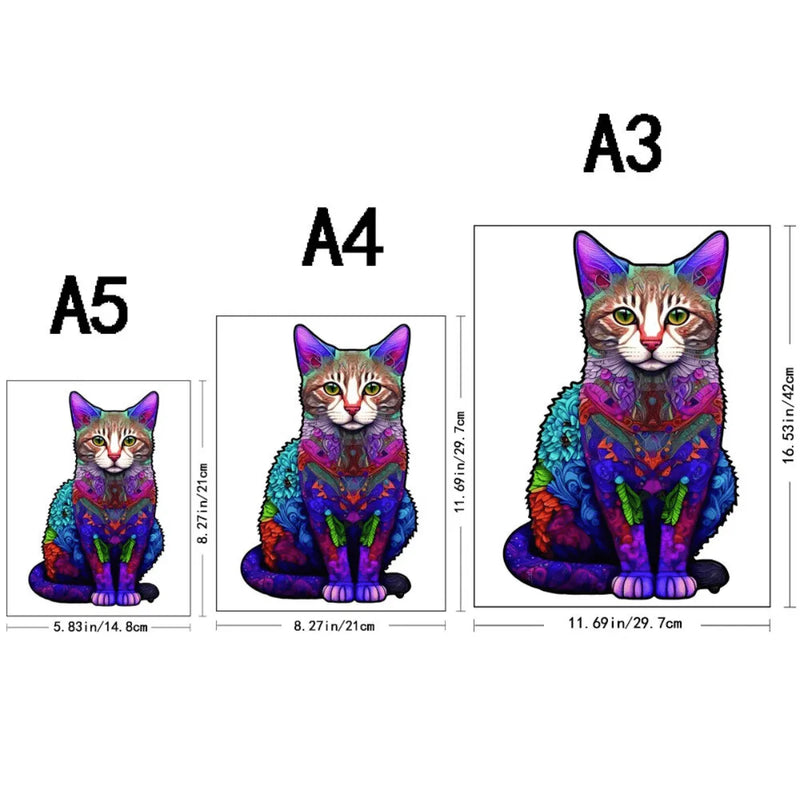 Quebra-Cabeça de Madeira Inova WOOD PUZZLE - Gato Psicodélico | Diversão com Diversos Benefícios para Crianças e Idosos