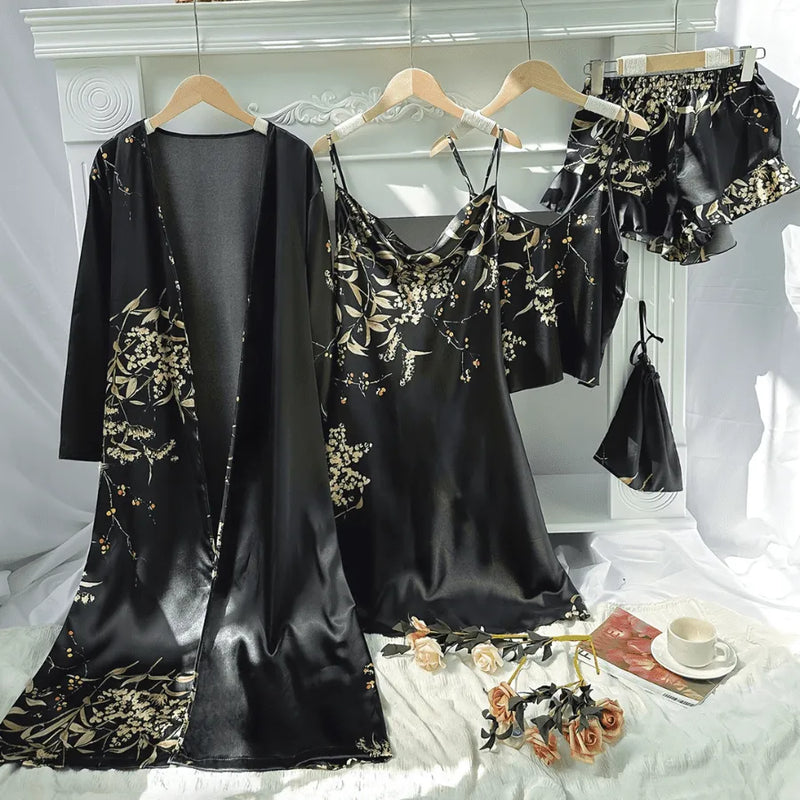 Conjunto 4 Peças Pijama Feminino Velvet Camisola, Camiseta, Shorts e Roupão Em Seda Gelo Premium | Toque De Seda Confortável + Bolsinha de Brinde