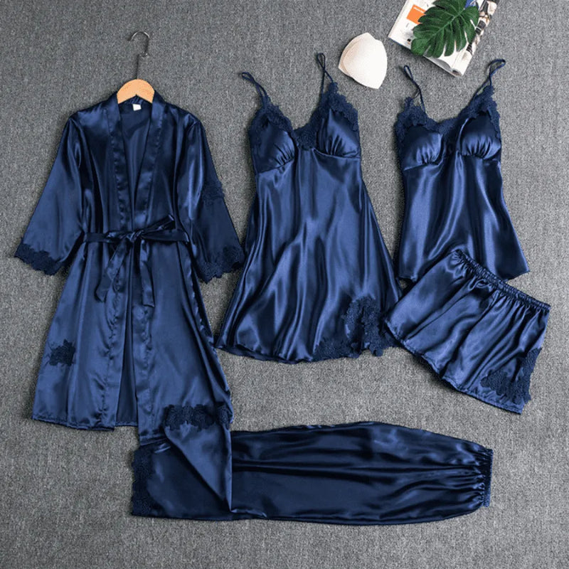 Conjunto 5 Peças Pijama Feminino Monroe Com Camisola, Baby Doll, Shorts, Calça e Roupão Em Seda Gelo Premium | Toque De Seda Confortável