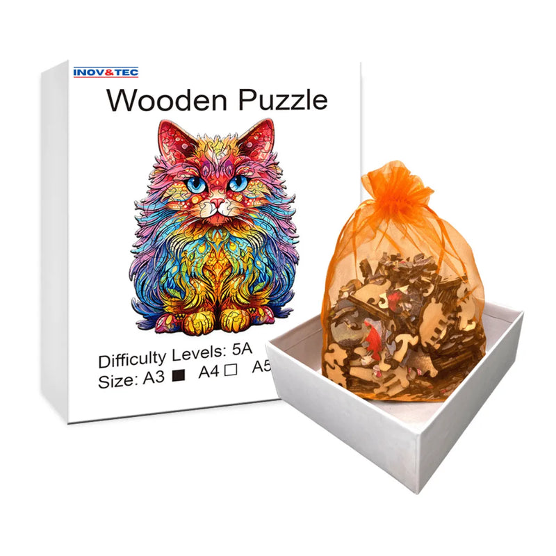 Quebra-Cabeça de Madeira Inova WOOD PUZZLE - Gato Persa Aquarela | Diversão com Diversos Benefícios para Crianças e Idosos