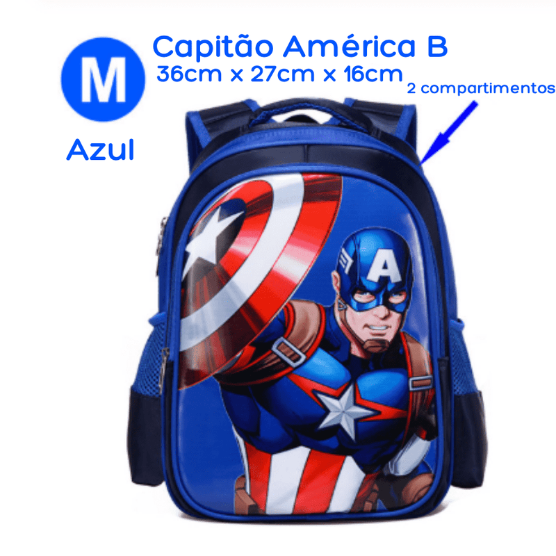 Mochila Escolar Infantil com 3 Compartimentos à Prova D'água Vingadores Heróis