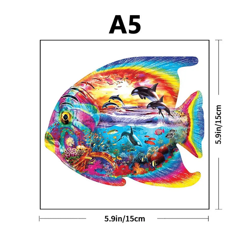 Quebra-Cabeça De Madeira Inova WOOD PUZZLE - Peixe Transparente Com Orcas | Diversão Com Diversos Benefícios Para Crianças e Idosos