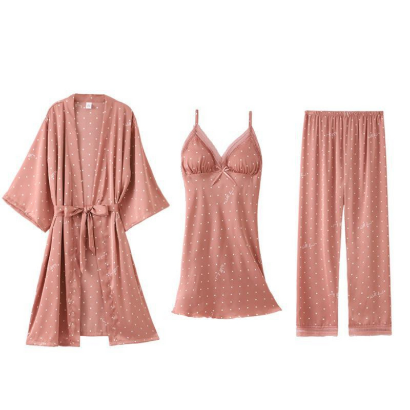 Pijama Feminino SleepWear - Conjunto 5 Peças, Roupão, Camisola, Calça, Shorts e BabyDoll em Seda Cetim | Toque de Seda Super Confortável