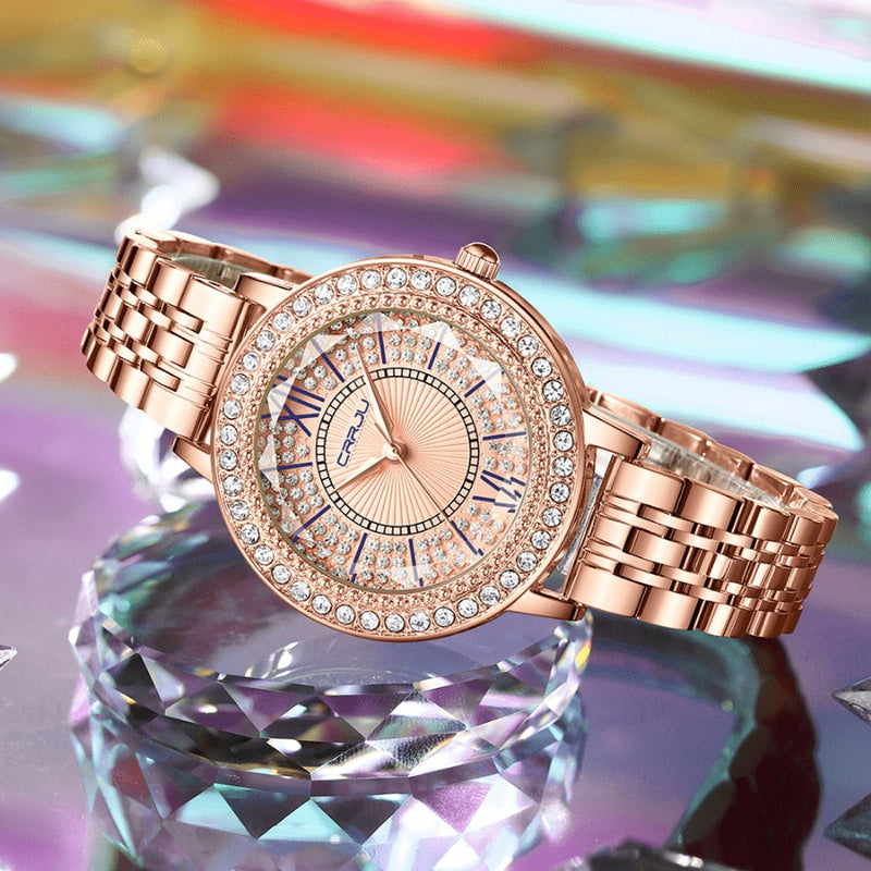 Relógio Feminino CRRJU CRISTAL DIAMOND - Vidro Lapidado, Cravejado Com Cristais de Zircônia, Movimento de Quartzo, Resistente à Água 30M
