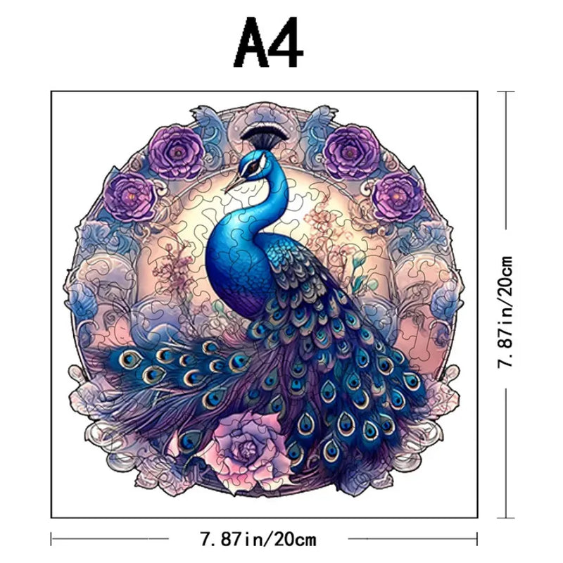 Quebra-Cabeça De Madeira Inova WOOD PUZZLE - Pavão Azul Florido | Diversão Com Diversos Benefícios Para Crianças e Idosos