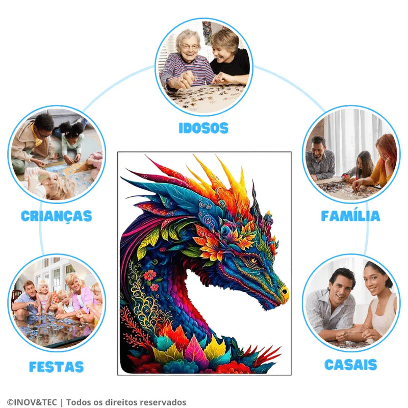Quebra-Cabeça De Madeira Inova WOOD PUZZLE - Dragão Colorido | Diversão Com Diversos Benefícios Para Crianças e Idosos