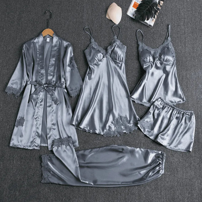 Conjunto 5 Peças Pijama Feminino Monroe Com Camisola, Baby Doll, Shorts, Calça e Roupão Em Seda Gelo Premium | Toque De Seda Confortável