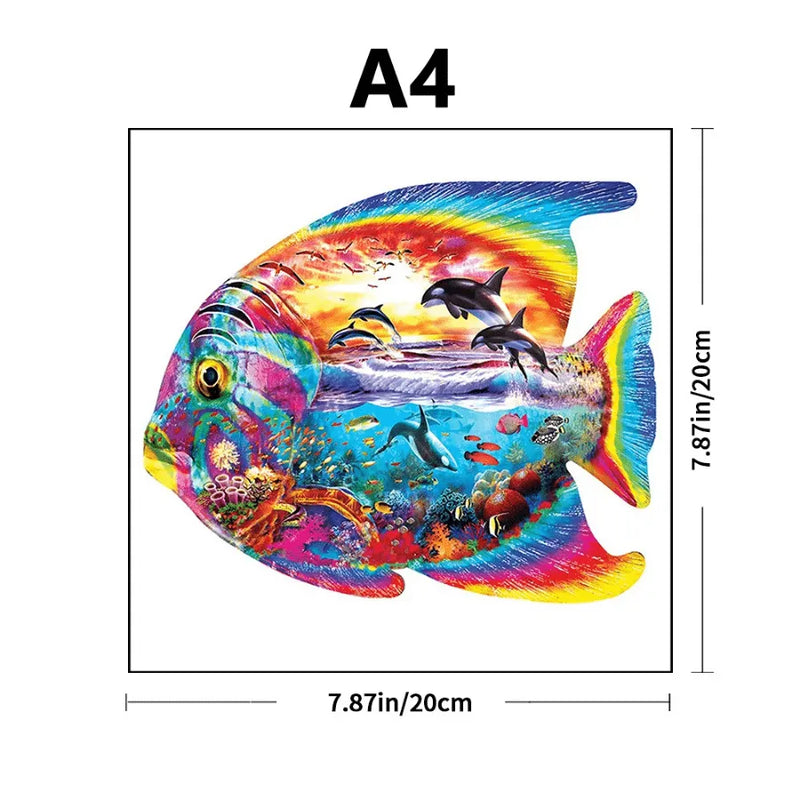 Quebra-Cabeça De Madeira Inova WOOD PUZZLE - Peixe Transparente Com Orcas | Diversão Com Diversos Benefícios Para Crianças e Idosos