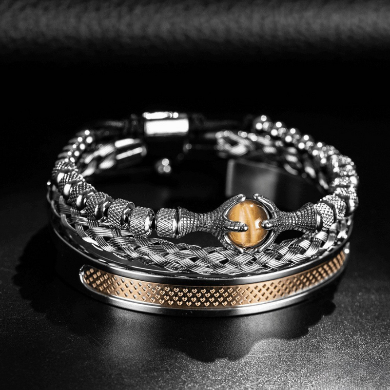 Kit de 3 Pulseiras Masculinas Premium Ajustáveis com Pedra Natural OLHO de TIGRE
