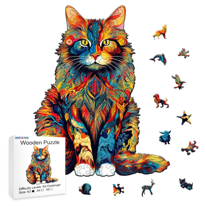 Quebra-Cabeça de Madeira Inova WOOD PUZZLE - Gato Aquarela | Diversão com Diversos Benefícios para Crianças e Idosos